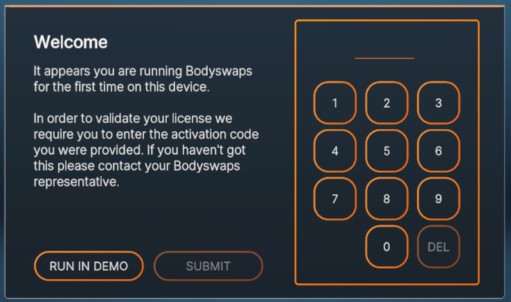 Screen capture of Bodyswaps App "Welcome" screen with a welcome message, demo and submit buttons, and a numeric keypad where the learner enters a code to access content.