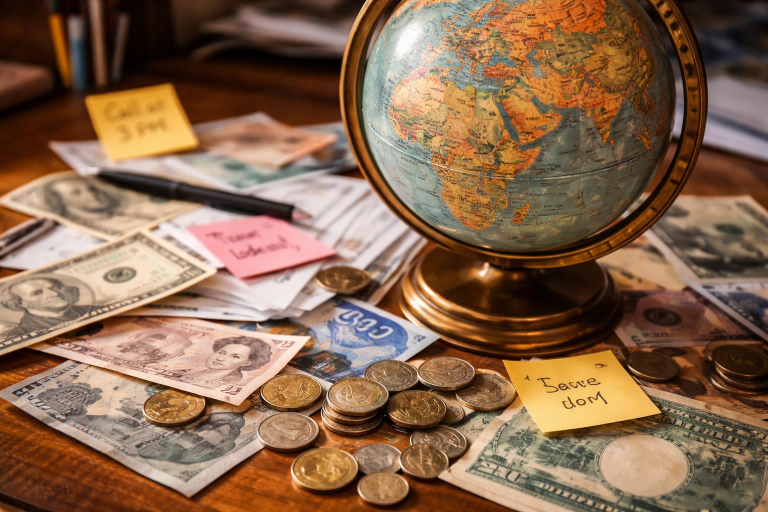 A close-up of a globe on a desk with paper notes and coins from different countries scattered around it.