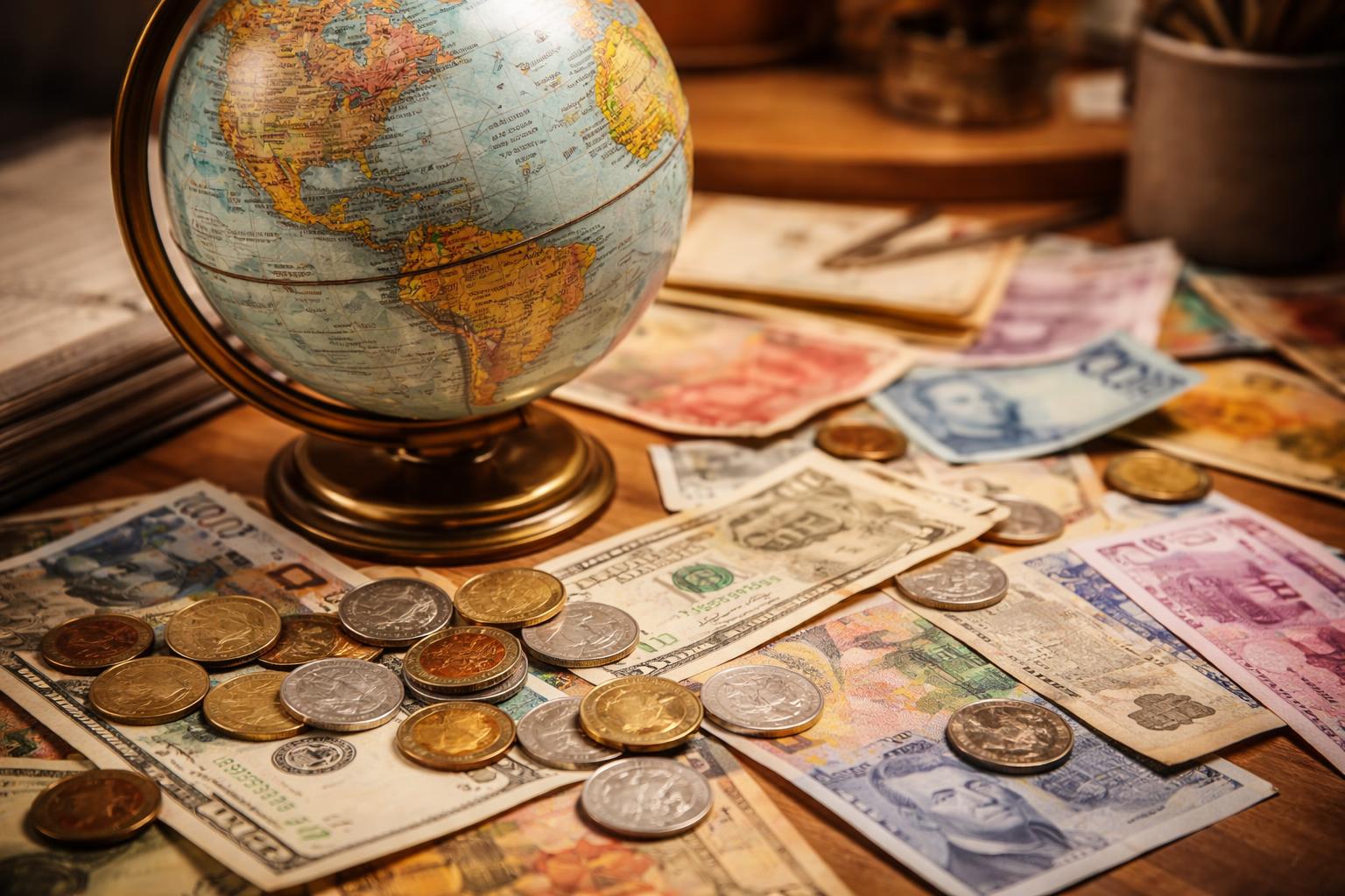 A close-up of a globe on a desk with paper notes and coins from different countries scattered around it.