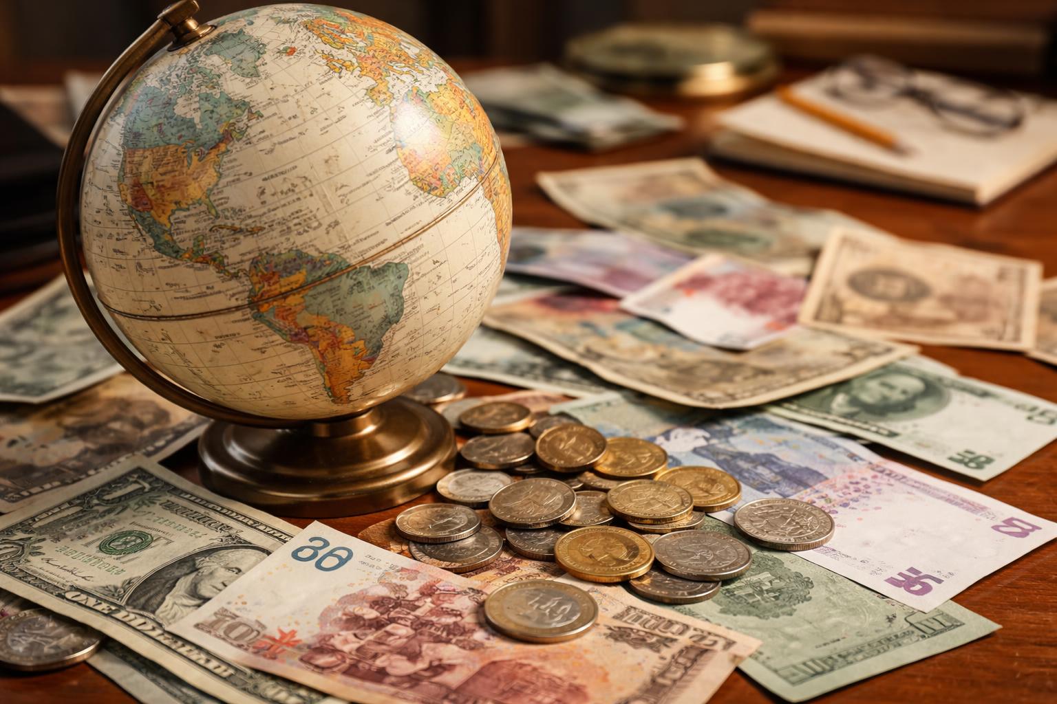 A close-up of a globe on a desk with paper notes and coins from different countries scattered around it.