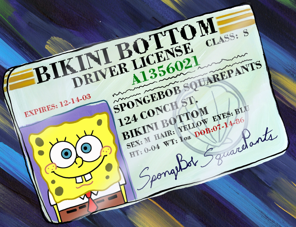 SpongeBob SquarePants Bikini Bottom driver’s license cartoon featuring SpongeBob’s photo, address at 124 Conch Street, license number A1356021, date of birth July 14, 1986, and expiration date December 14, 2003