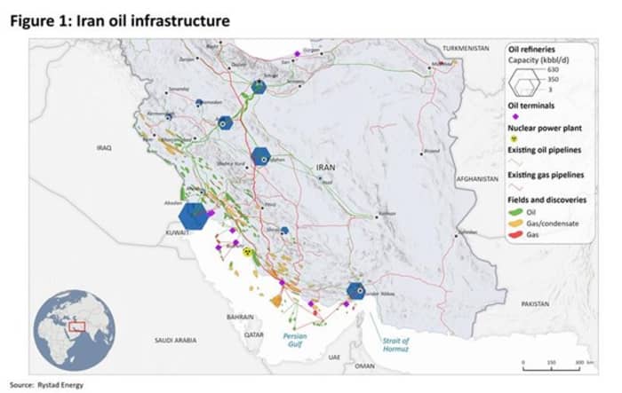 Map of Iran's oil and gas infrastructure, including refineries, terminals, nuclear power plants, pipelines, and fields.