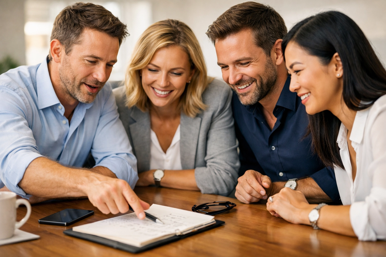 Professional networking group members collaborate in a mastermind session at a networking event near me.