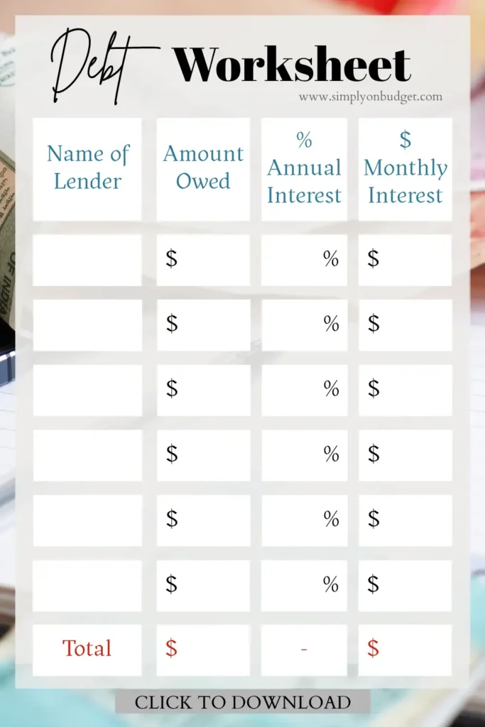 debt worksheet printable