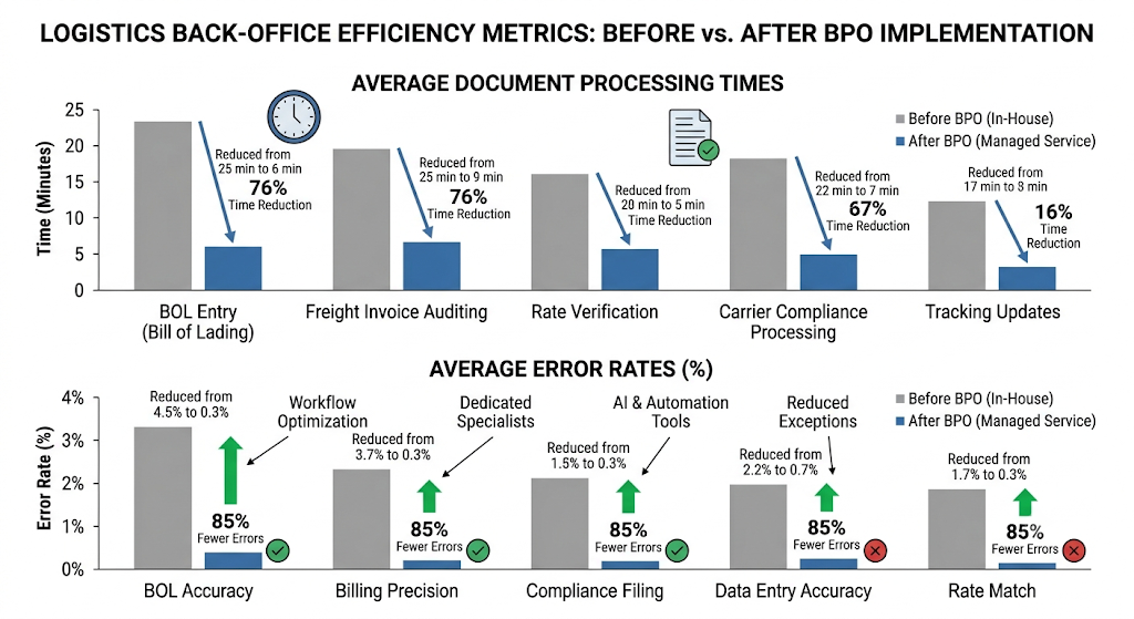 Bar chart showing processing time and error rate reductions after adopting logistics BPO.