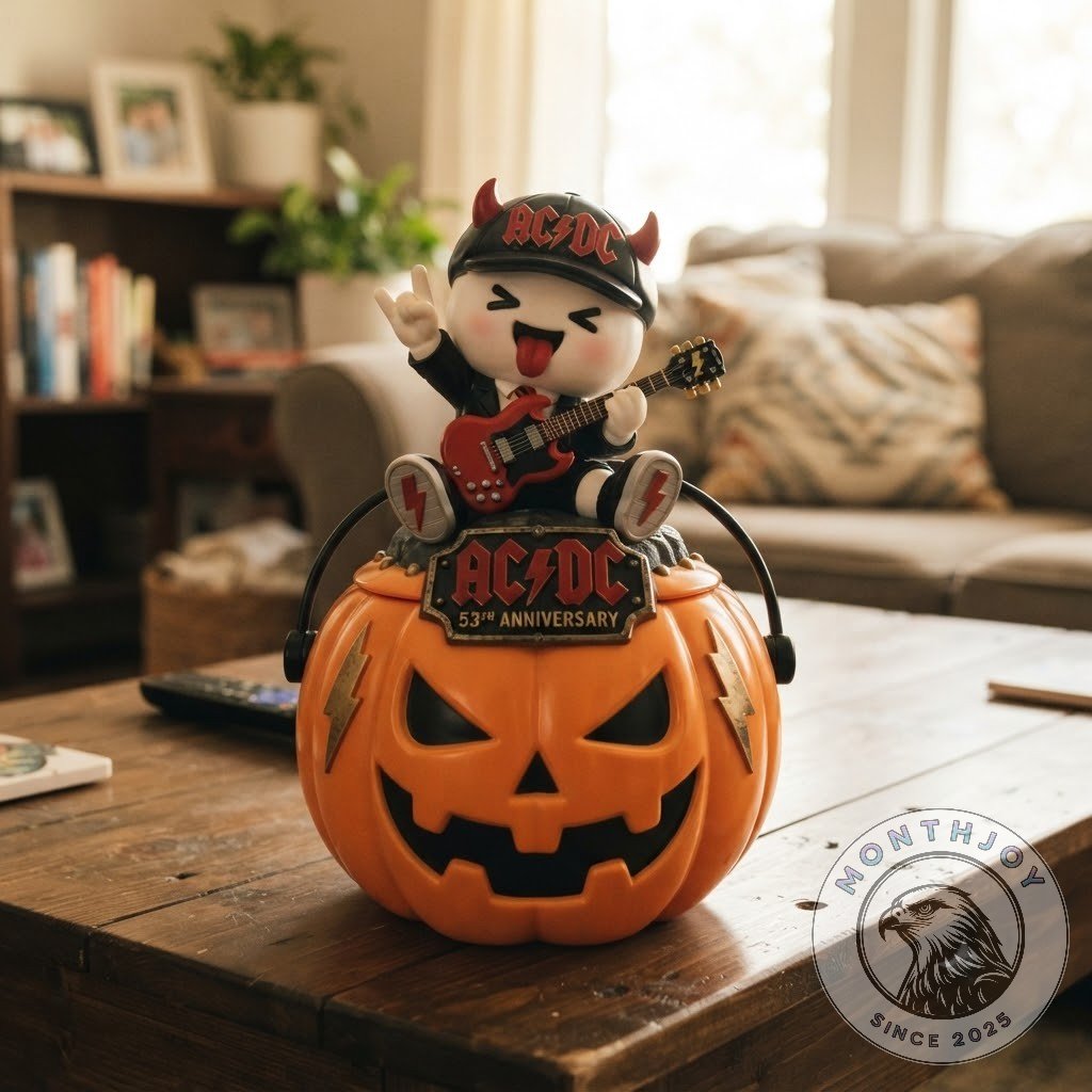 AC/DC 53rd Anniversary Halloween 2026 Candy Bucket - close-up of AC/DC anniversary plaque