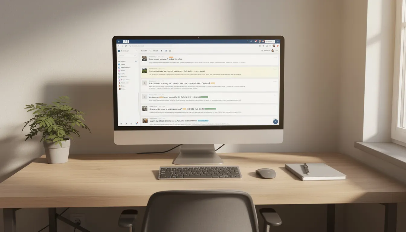 The image depicts a modern home office setup featuring a computer screen displaying an RSS feed reader application, showcasing the latest tech news and updates. This workspace reflects the future of technology, integrating data and information from various sources to keep users informed.