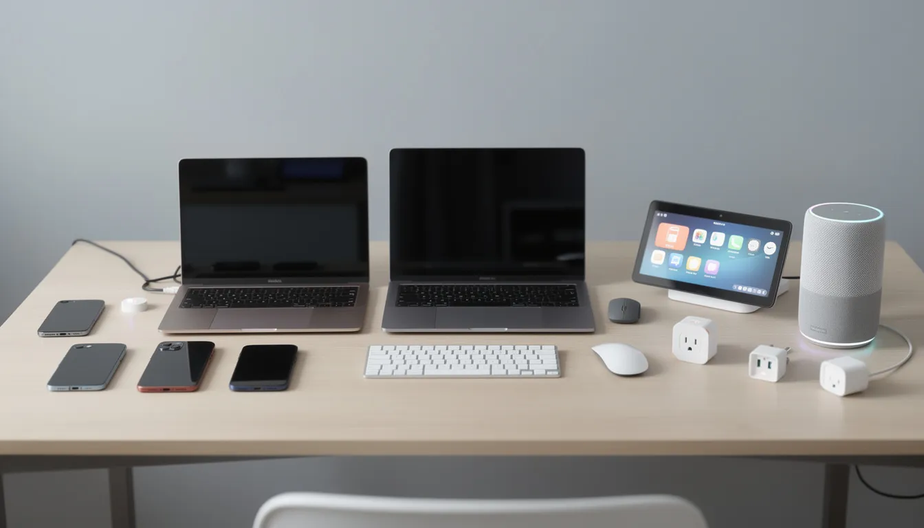 The image features a modern desk showcasing various consumer electronics, including smartphones, laptops, and smart home devices, representing the latest in technology and innovation. This arrangement reflects the future of tech, highlighting how these gadgets are integral to everyday life and the conversation around advancements in AI and data.