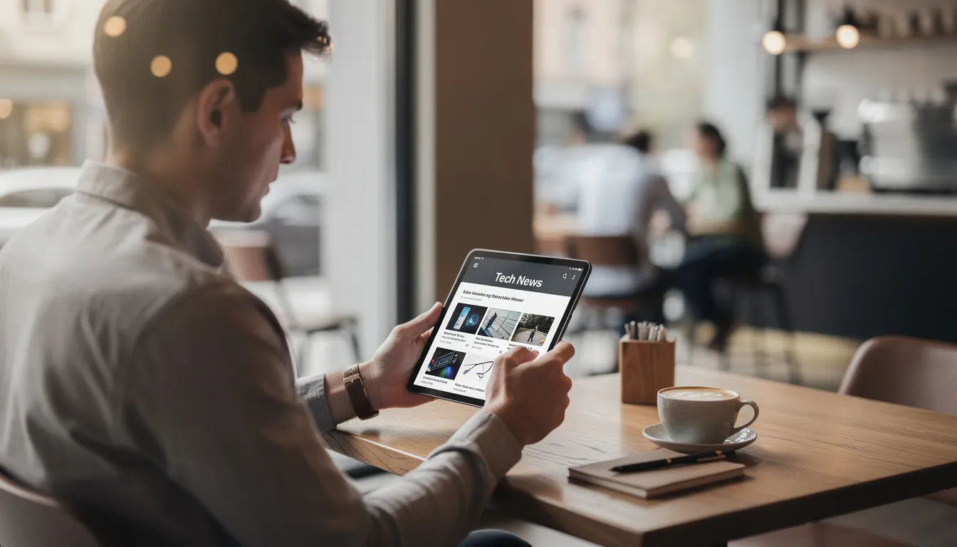 A person is sitting in a cozy coffee shop, engrossed in reading the latest technology news on a modern tablet device. The scene captures the essence of contemporary life, where individuals stay updated on topics like AI, startups, and tech innovations while enjoying their coffee.