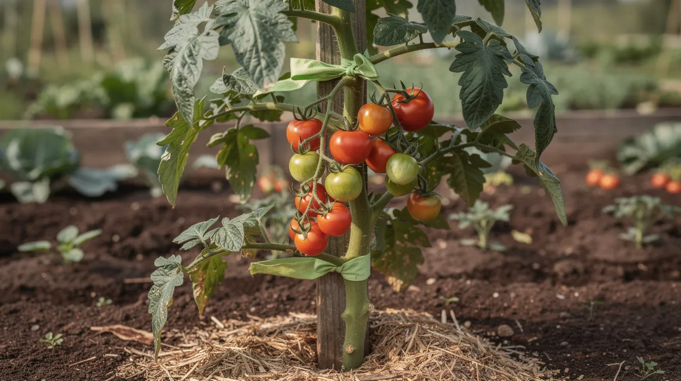 A tall indeterminate tomato plant is securely tied to a wooden stake in a garden, showcasing clusters of green fruit and a pruned lower stem, indicating careful maintenance for optimal fruit production. This thriving plant is part of a vibrant garden, ideal for growing tomatoes and producing fresh, homegrown tomatoes.