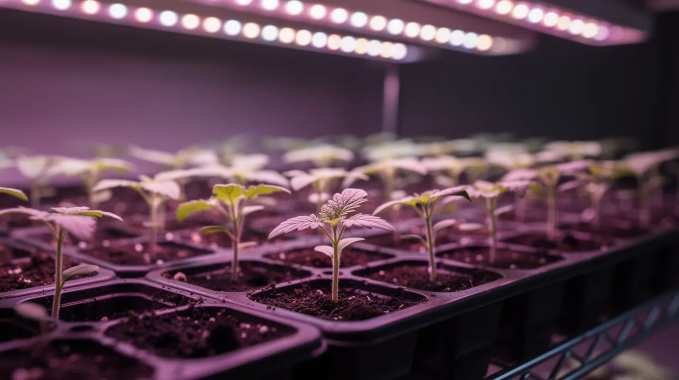 The image shows small tomato seedlings growing in trays, illuminated by vibrant purple-pink LED grow lights in an indoor setup. These young tomato plants are likely part of a home gardening project, showcasing the early stages of the growing season for fresh tomatoes.