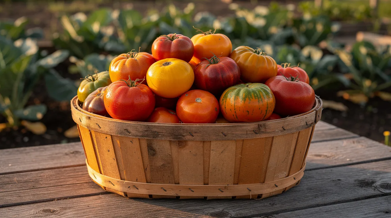 A wooden basket overflowing with freshly harvested heirloom tomatoes in various sizes and colors sits atop a garden table, showcasing the rich flavors and diversity of tomato varieties. The vibrant display highlights the beauty of homegrown tomatoes, perfect for fresh eating or making tomato juice.
