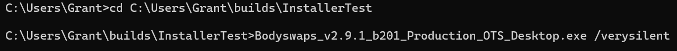 A screenshot showing two lines of command-line text involving file paths and an installer running with a 'verysilent' parameter on a black background.