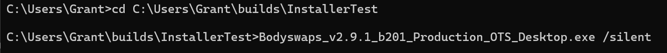 Command-line interface showing a change directory command followed by the execution of an installer with silent mode enabled.