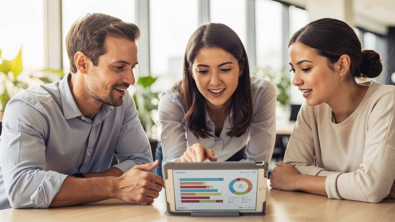 Product team collaborating over user rating data on tablet