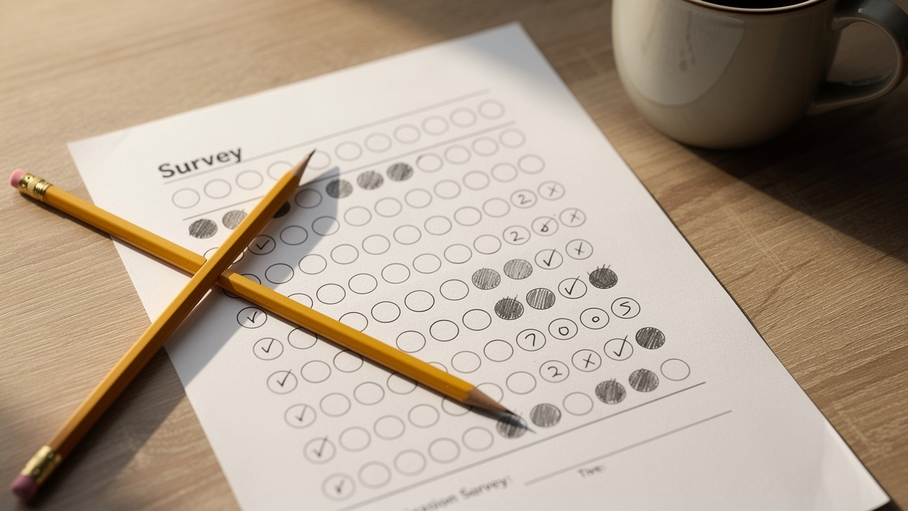 Printed survey form with rating bubbles on desk
