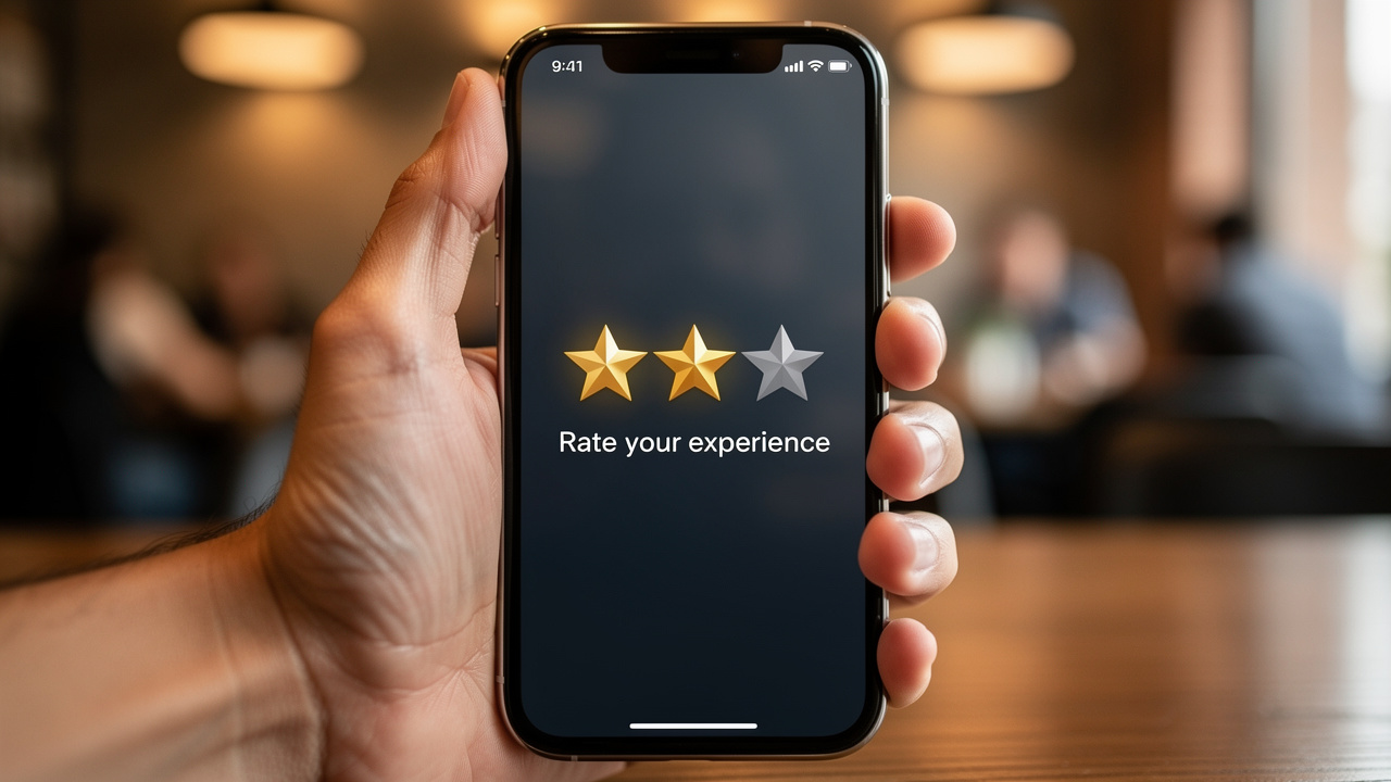 Hand holding phone with five-star rating interface