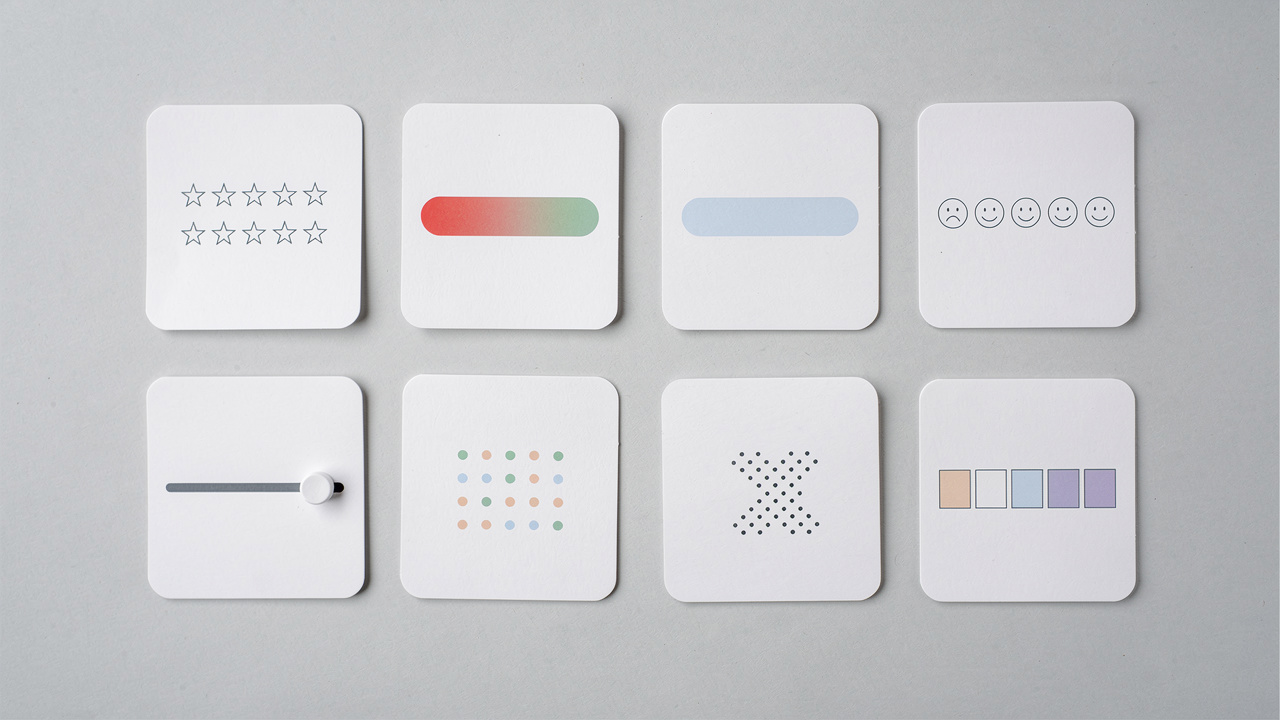 Six different rating scale format prototypes arranged flat