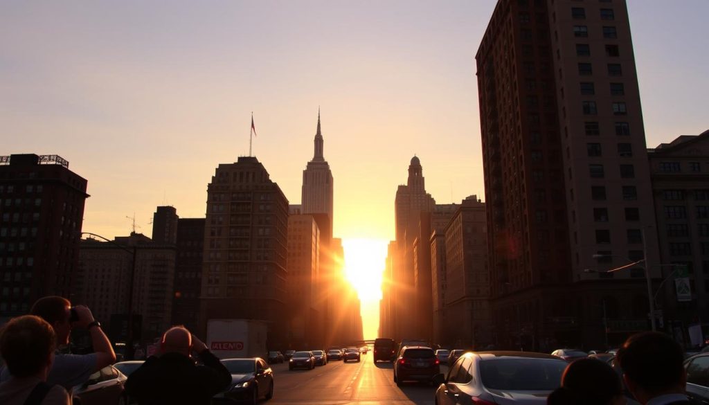 Manhattanhenge sunset aligned with the Manhattan street grid