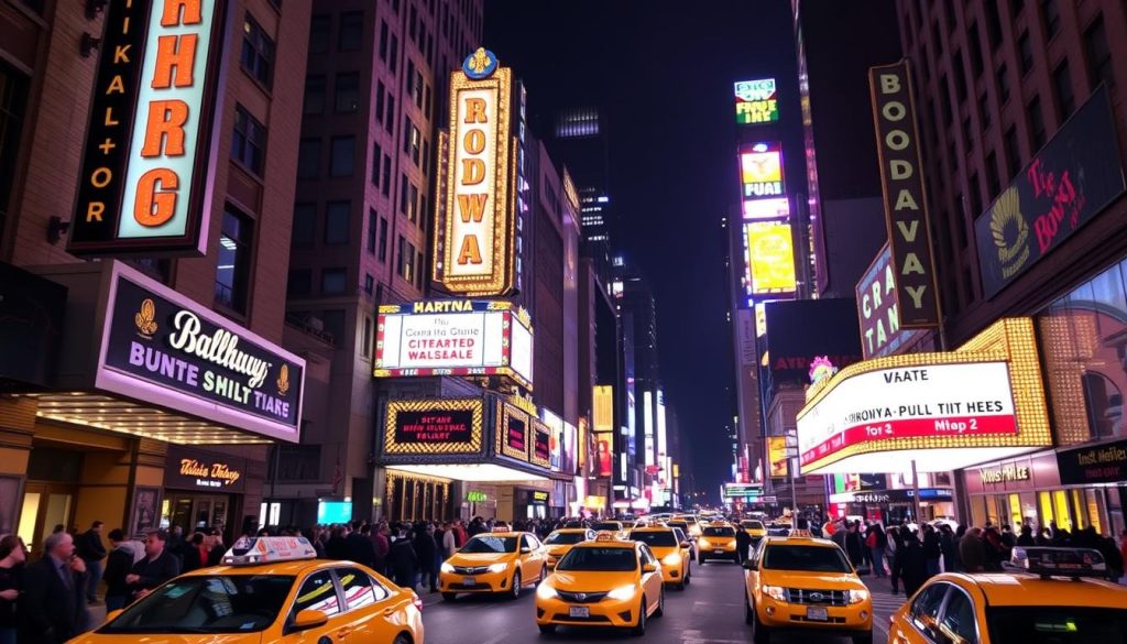 Broadway theater district at night with illuminated marquees