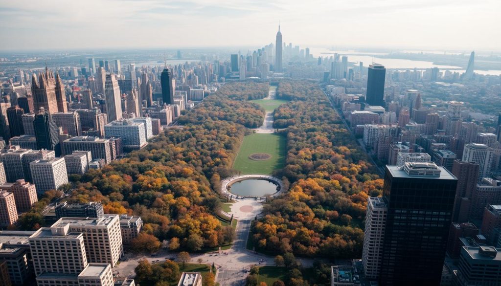 Aerial view of Central Park showing its vast green space amid Manhattan's urban landscape