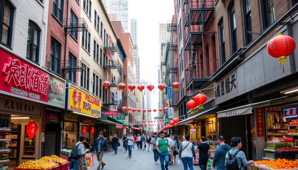 Colorful street scene in Manhattan's Chinatown neighborhood