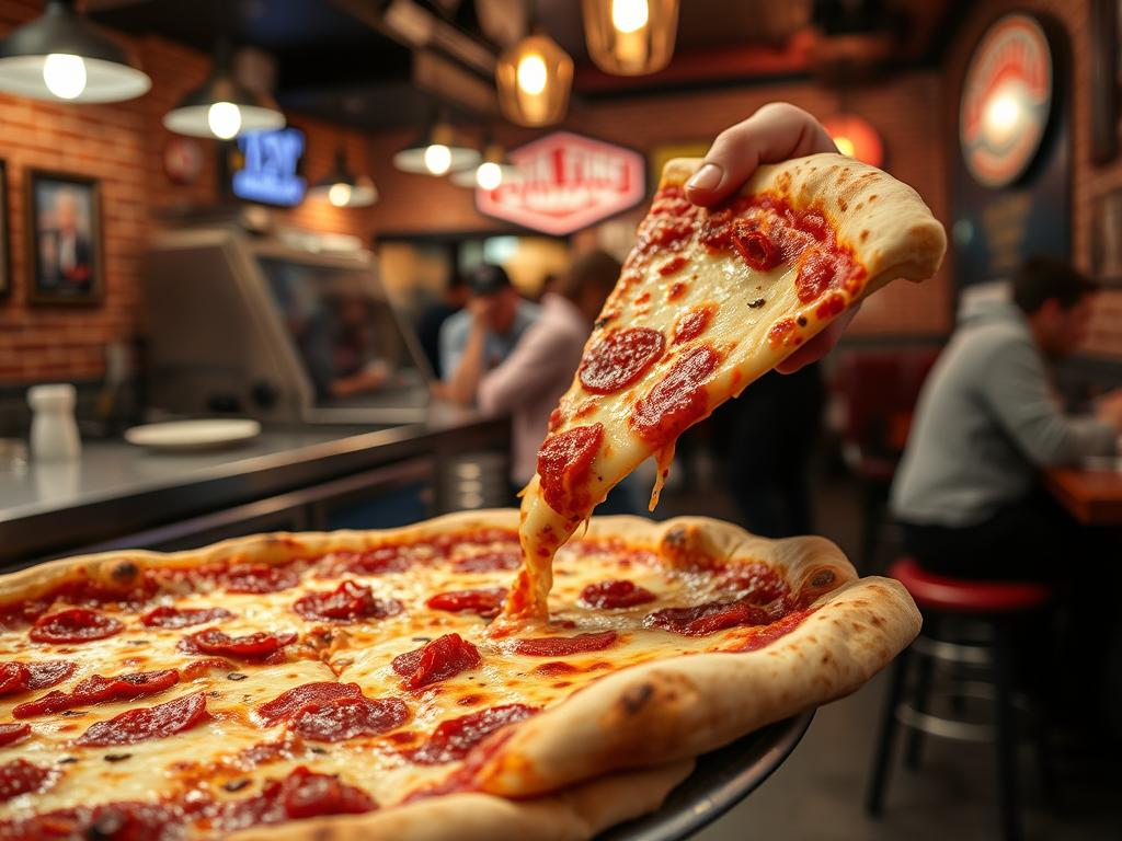 Classic New York-style pizza being served in a Manhattan pizzeria