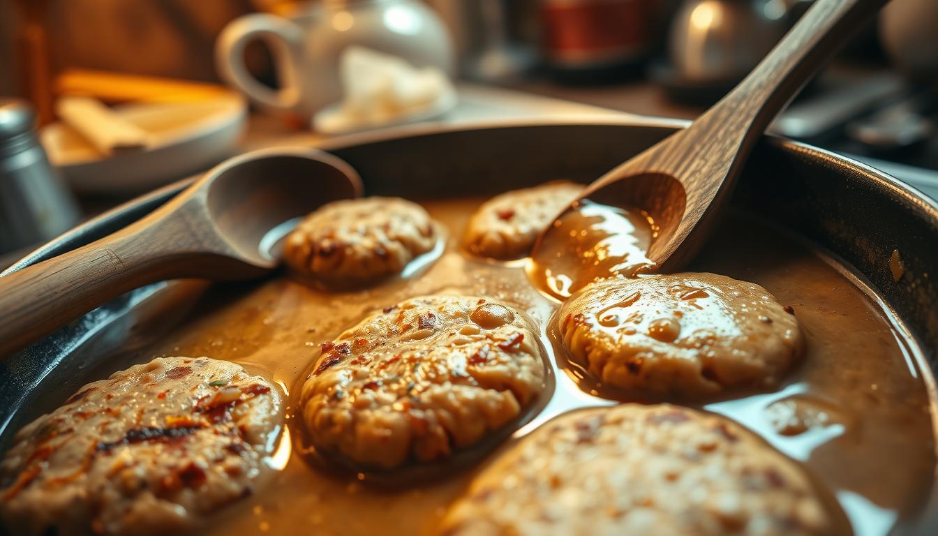 simmering turkey patties in gravy