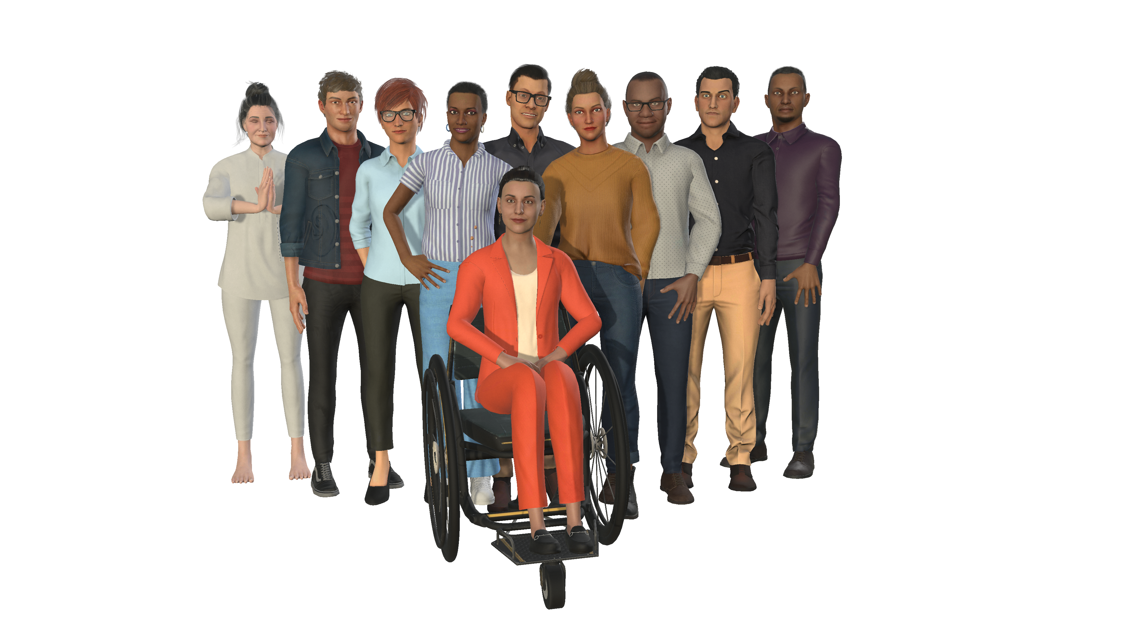 A group of ten diverse Bodyswaps avatars, including one person seated in a wheelchair, dressed in various casual and semi-formal attire, with a range of skin tones and hairstyles, standing and sitting against a white background.