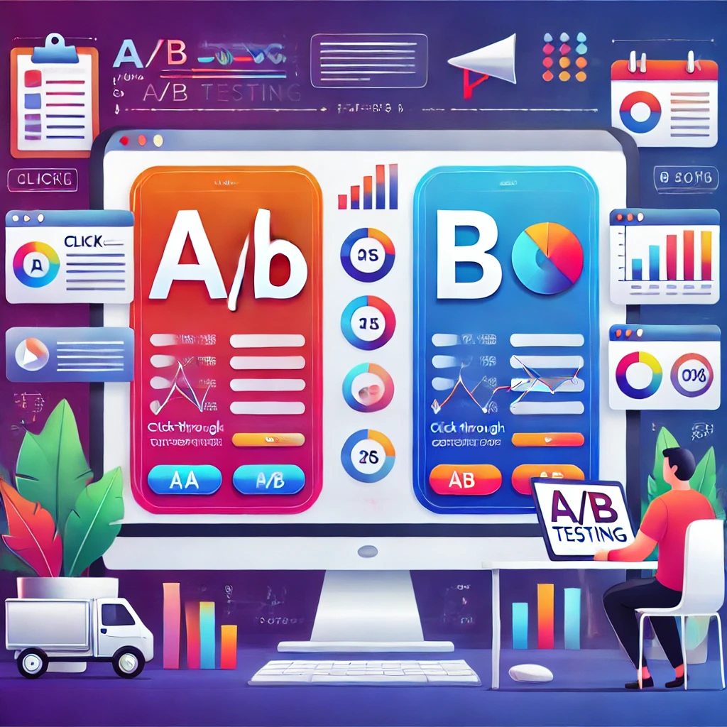 An illustration highlighting the importance of A_B testing in digital marketing. The image shows two different versions of a webpage or an ad side by