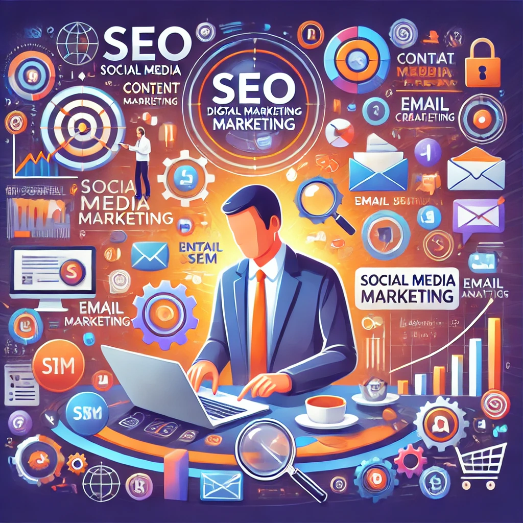 An illustration showcasing various digital marketing strategies for small businesses. The image includes icons and elements such as SEO, SEM, social media