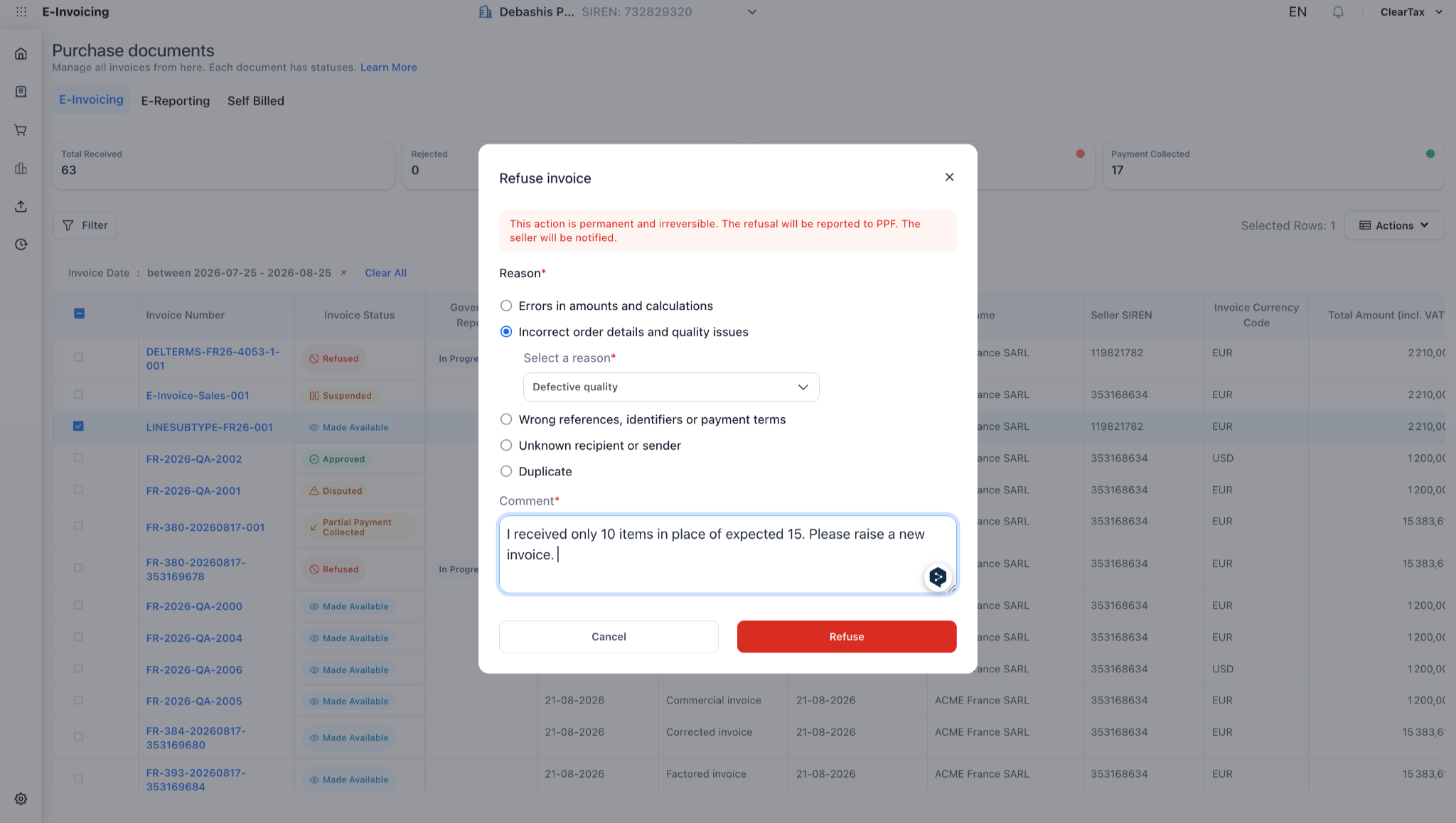 Fig 8: Buyer Actions: Refuse modal
