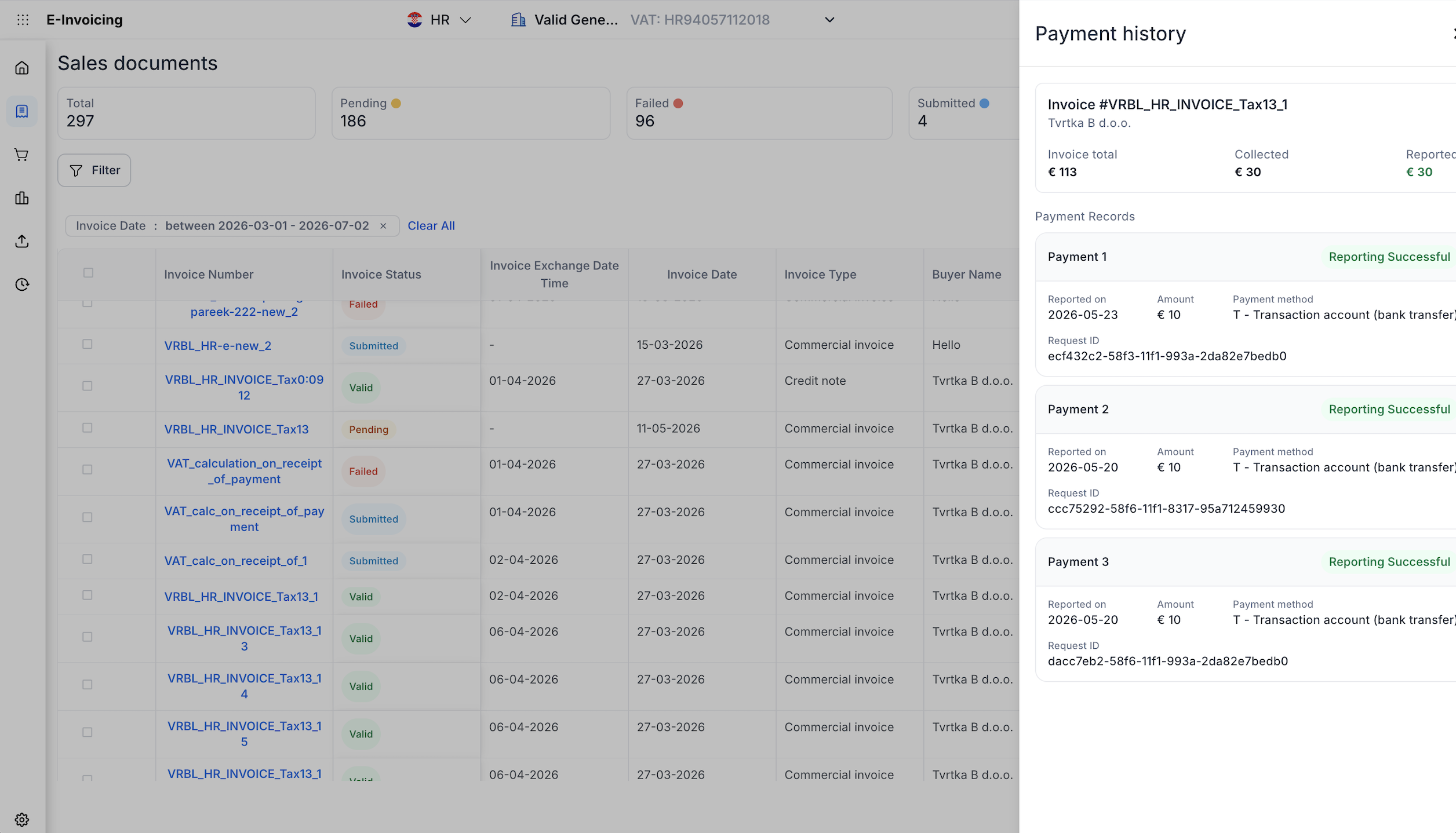 Payment History side panel with Invoice Total/Collected/Reported summary and per-payment records.
