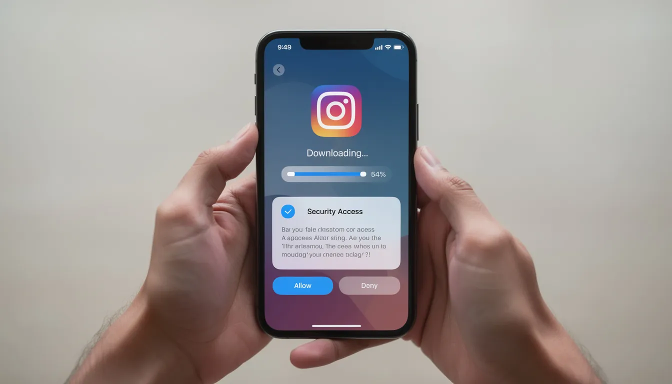 A pair of hands is holding a smartphone displaying app installation screens, including download progress and security permission dialogs, ideal for users looking to access the best aviator game app in India. The clean interface suggests a user-friendly experience for new players eager to explore exciting gambling options and generous welcome bonuses.