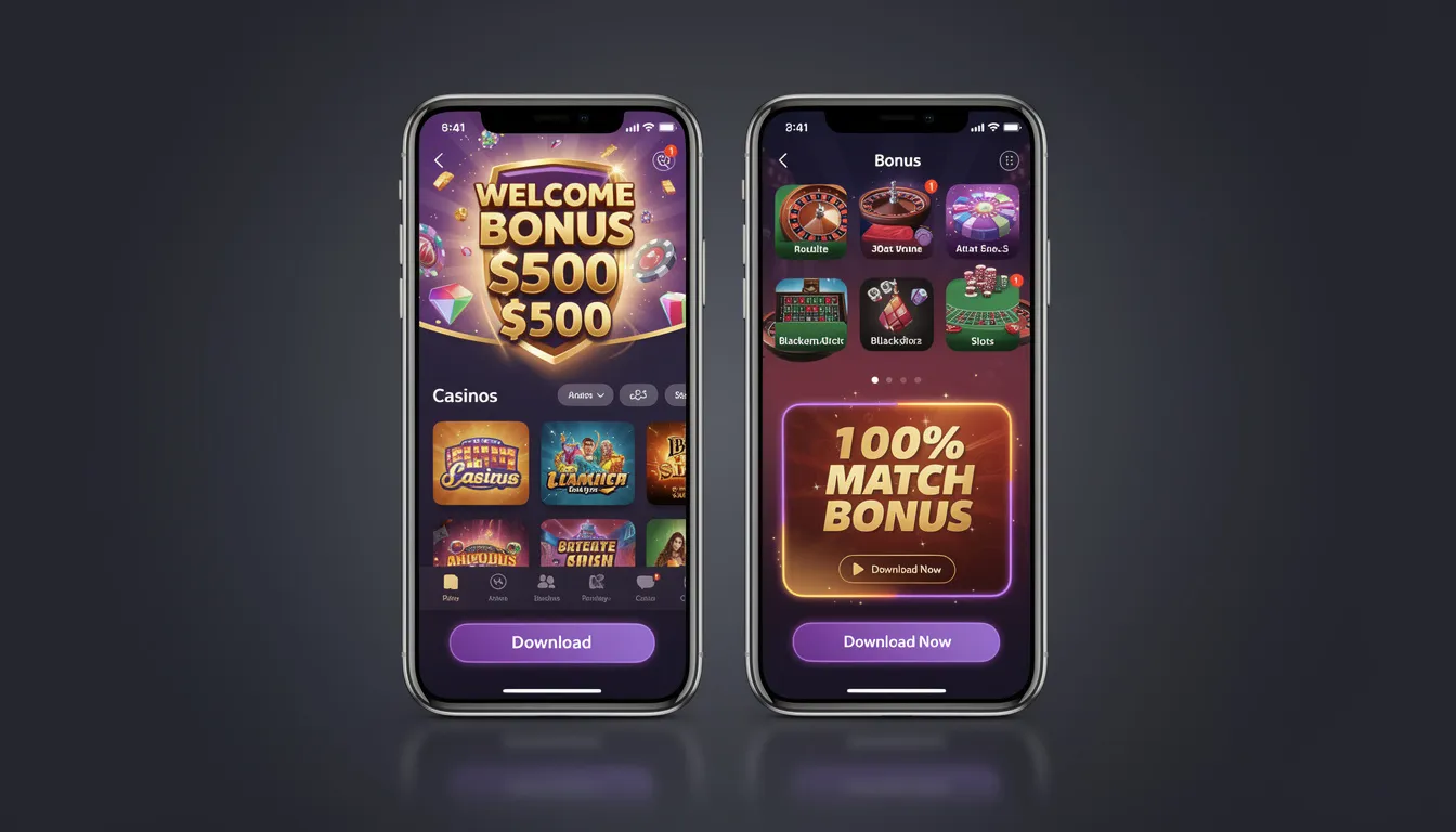The image features two smartphone screens side by side, each displaying user-friendly interfaces of a casino app. The screens highlight various casino games, including the popular aviator game, with visible bonus amounts and download buttons, offering an exciting gambling experience for Indian players.