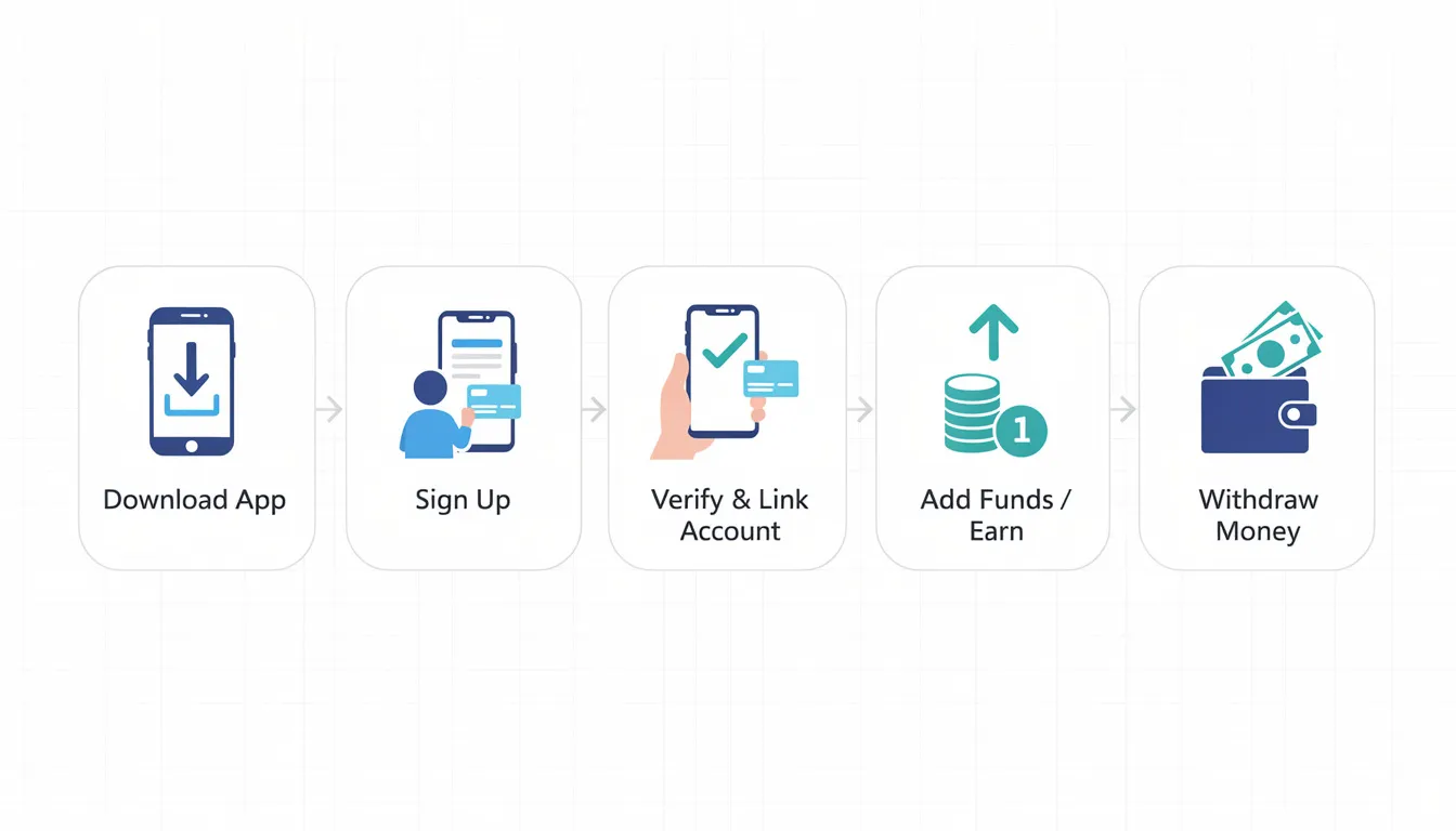 The image is a simple diagram illustrating a five-step process flow for the best aviator game app in India, starting from app download, moving through registration, deposit money, playing, and finally money withdrawal. Each stage is represented by intuitive icons, providing a clear and user-friendly interface for new players navigating the exciting gambling experience.