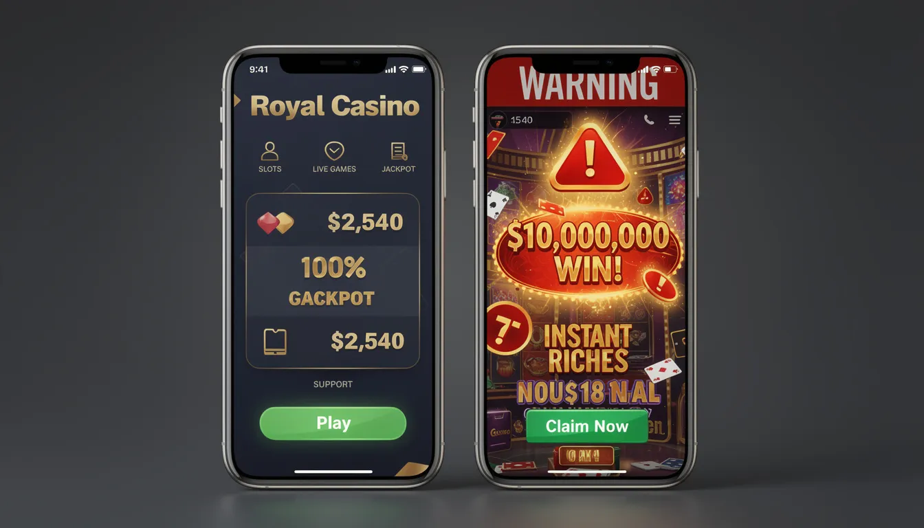 The image shows two smartphone screens side by side: one displays a legitimate casino app interface with a user-friendly design and features like generous welcome bonuses and fast withdrawals, while the other screen reveals a suspicious app filled with exaggerated claims and warning symbols, highlighting the risks of losing bets. This comparison emphasizes the importance of choosing a trustworthy platform for an exciting gambling experience, especially for Indian players.