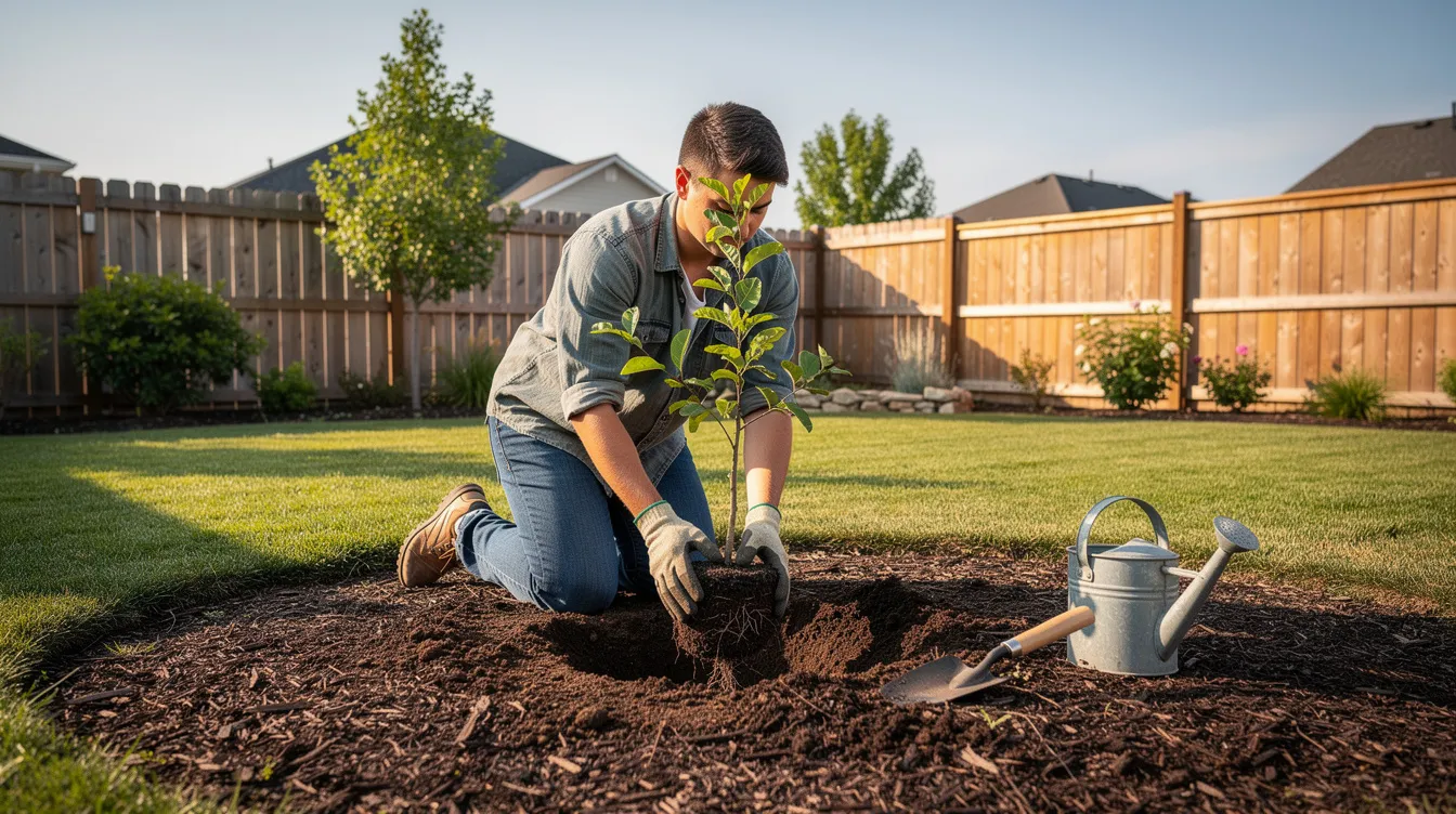 A person is kneeling in a suburban backyard, planting a small fruit tree in a mulched area that promotes healthy soil. This act supports sustainable agriculture and contributes to creating food forests, which play a crucial role in improving soil health and sequestering carbon to combat climate change.