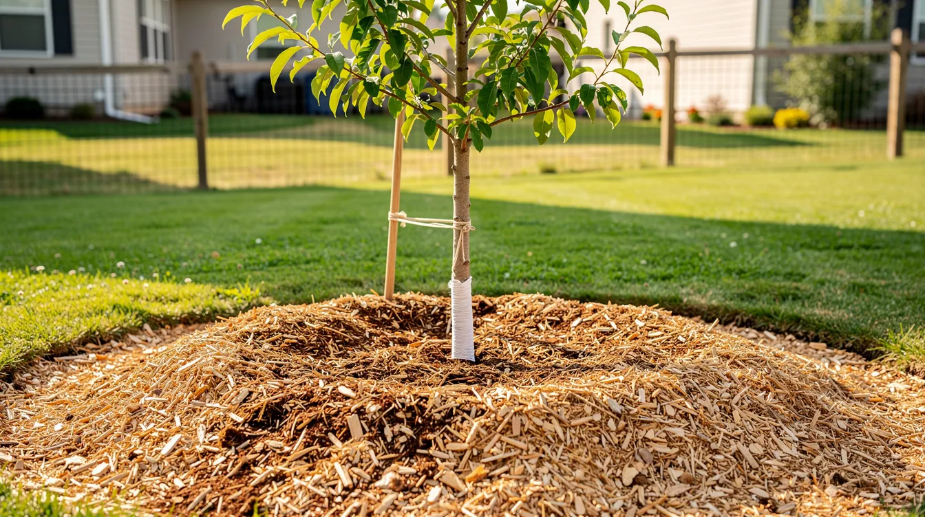 A young fruit tree stands in a suburban yard, surrounded by a thick layer of wood chip mulch that enhances soil health and prevents erosion. This natural ground cover layer not only supports the tree's growth but also contributes to sustainable food systems and carbon sequestration, reflecting ecological principles in gardening.