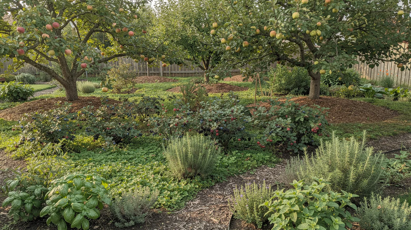 The image depicts a vibrant backyard food forest, featuring a diverse range of fruit trees, berry bushes, and herbs arranged in layers that mimic natural ecosystems. This self-sustaining system not only provides food but also contributes to soil health and carbon sequestration, promoting sustainable living and resilience against climate change.