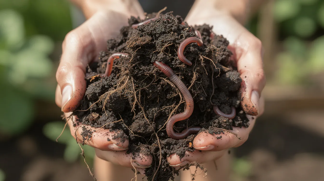 The image shows hands gently cradling dark, crumbly soil teeming with fine root systems and earthworms, highlighting the importance of healthy soil in sustainable agriculture and food forests. This rich soil is essential for improving soil health, supporting biodiversity, and sequestering carbon, which plays a crucial role in combating climate change.