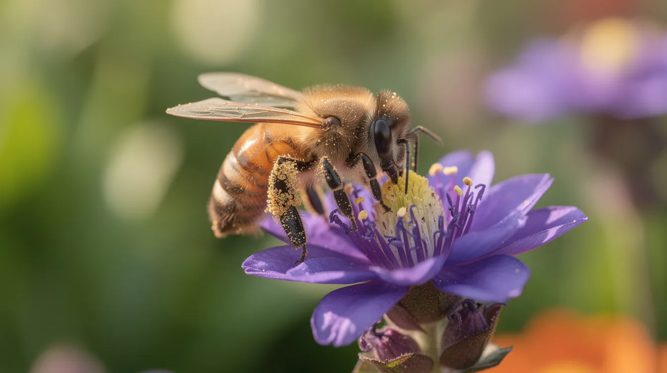 A honeybee is delicately landing on a bright purple flowering plant in a vibrant garden, highlighting the crucial role of beneficial insects in supporting biodiversity and sustainable food systems. This scene reflects the interconnectedness of natural ecosystems and the importance of healthy soil in combating climate change.