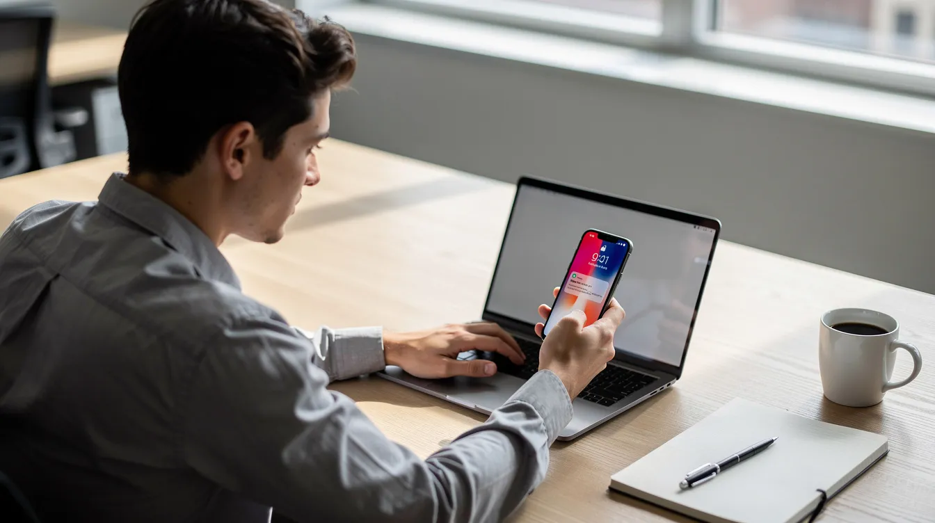 A person is focused on their work while checking a smartphone notification, likely related to their cleaning business or local service ads. The individual appears engaged, possibly assessing new leads or customer inquiries that could enhance their business operations.