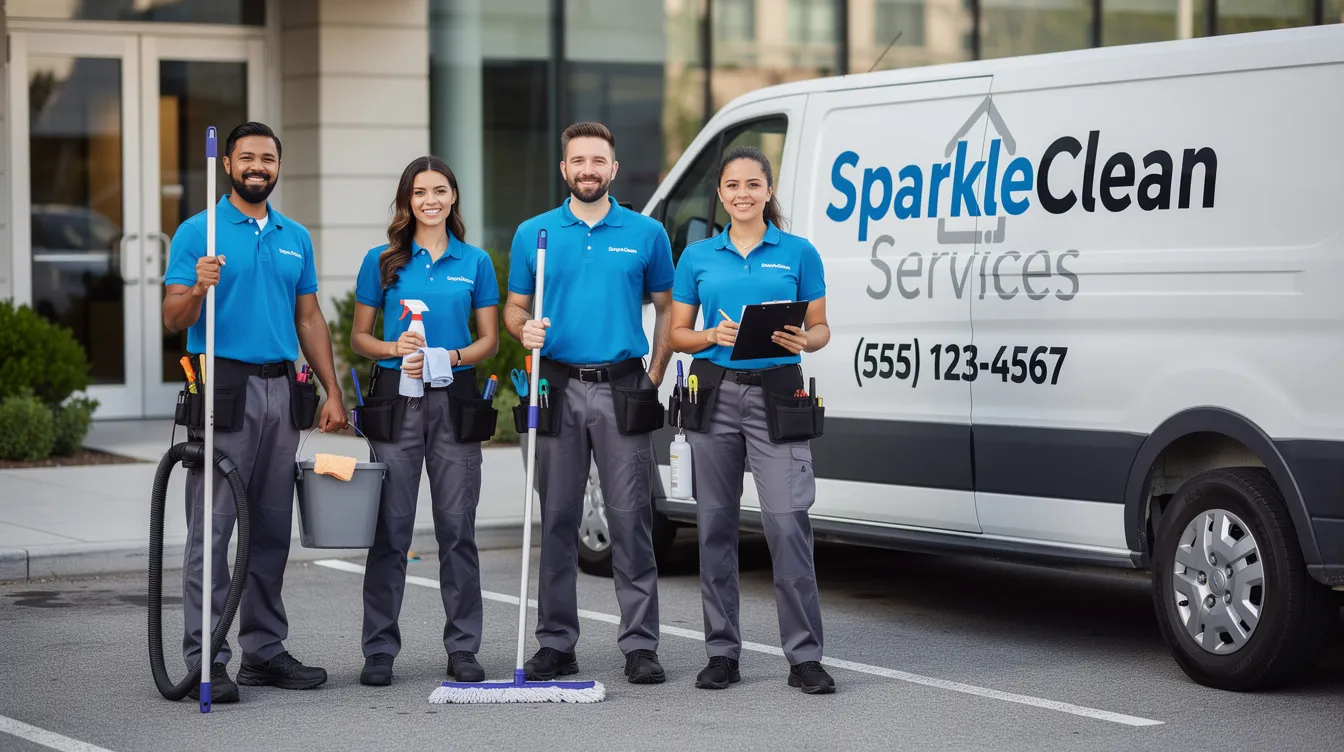 A team of uniformed cleaning professionals stands proudly next to their branded company van, showcasing their commitment to the cleaning industry. This image highlights the importance of local service businesses in generating leads and attracting potential customers through effective digital marketing strategies.