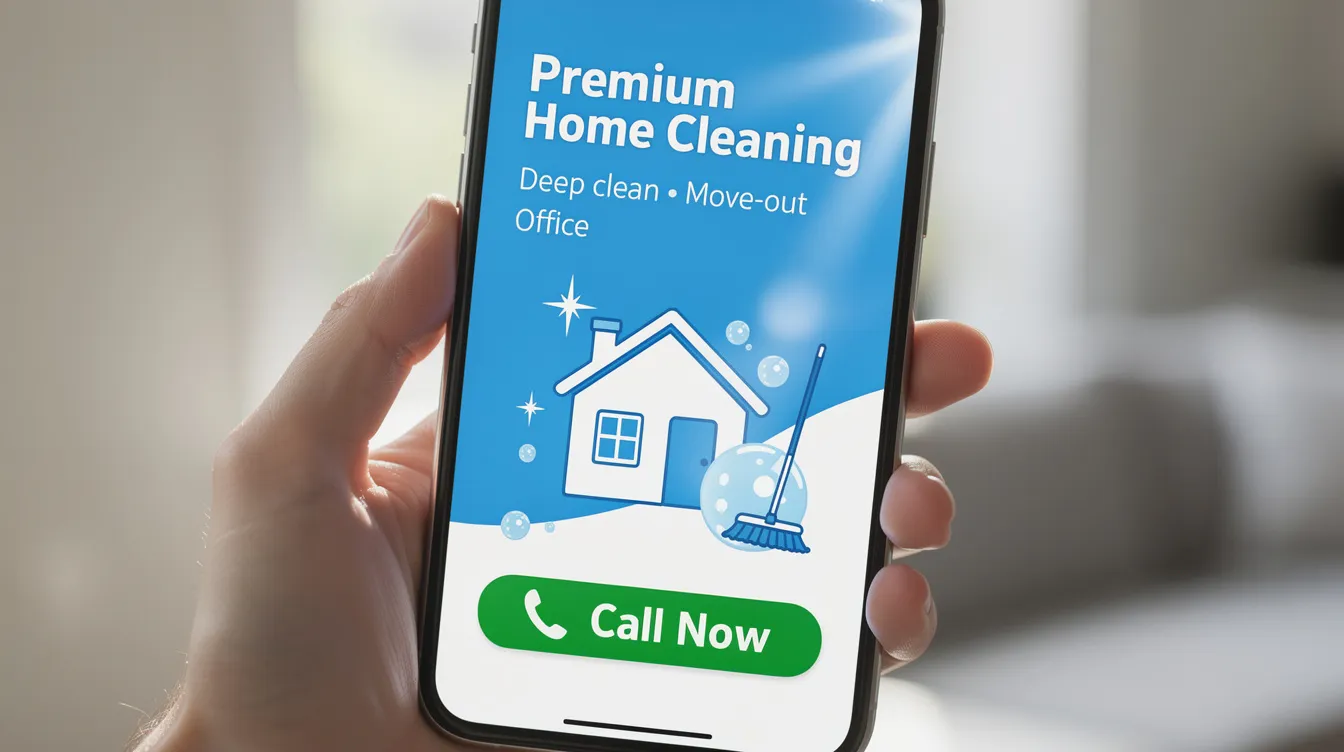 The image shows a smartphone screen featuring a vibrant advertisement for a cleaning service, complete with a prominent call button for easy access. This ad highlights the business's services, aiming to attract potential customers through effective local services ads.