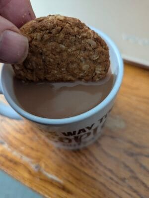a picture of a Hobnob dunked in a mug of tea
