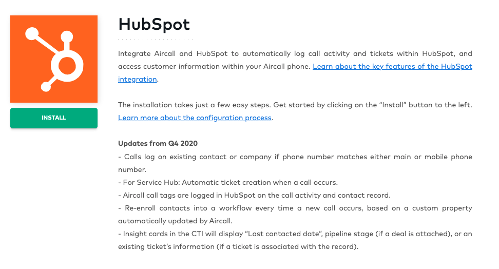 Schermata di installazione dell'integrazione hubspot e Aircall