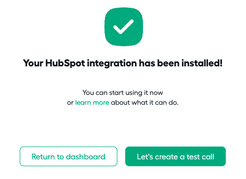 Messaggio di conferma dell'avvenuta integrazione tra HubSpot e AirCall