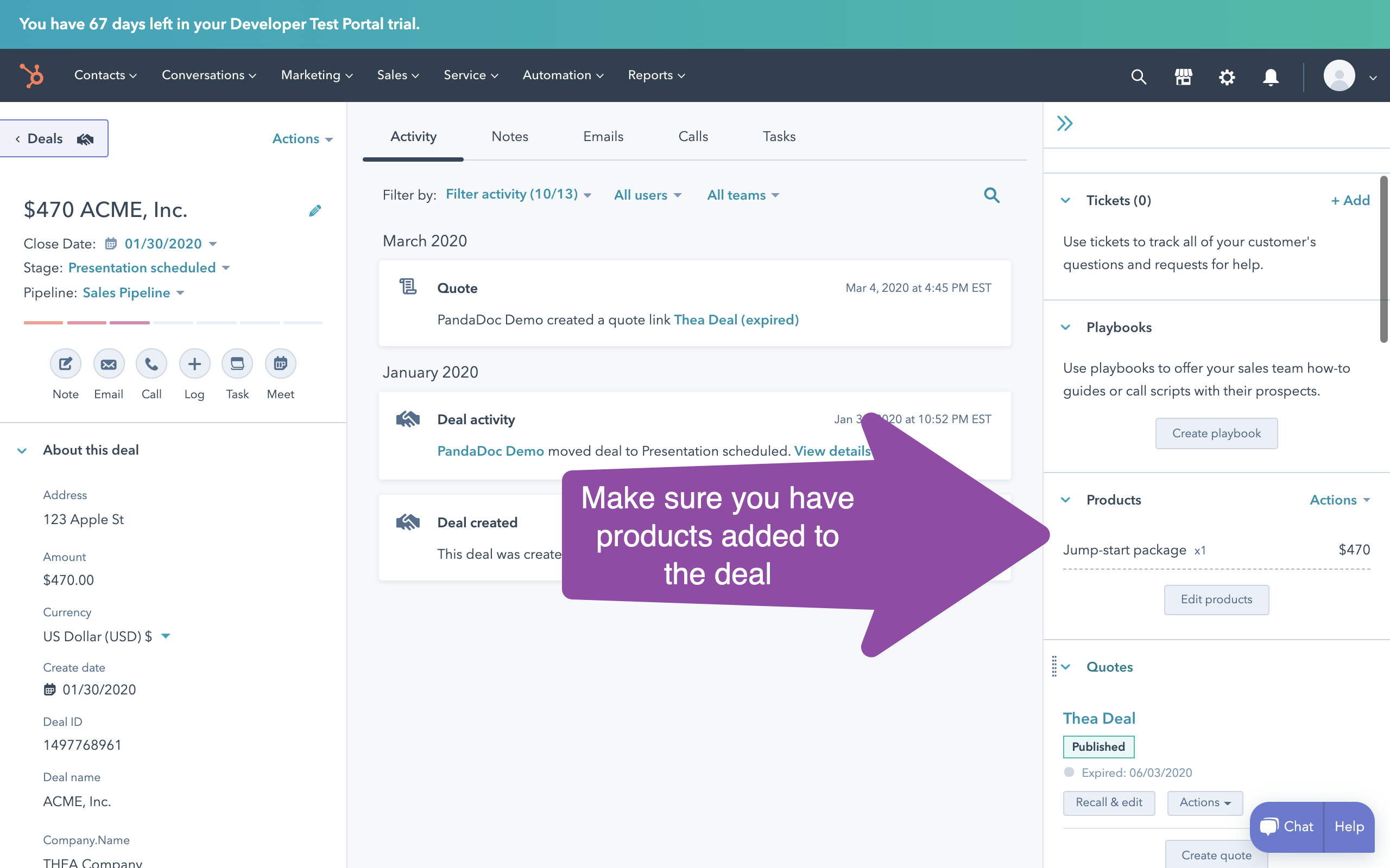 Prodotti allegati al record Deal in HubSpot