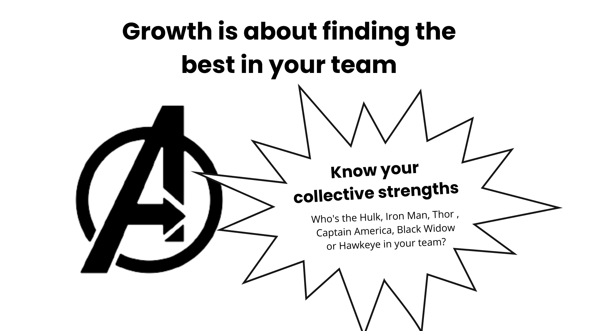 Title: Growth is about finding the best in your team. Description: The Marvel Avengers' logo is on the left with a speech bubble to the right with the words "Know your collective strengths. Who's the Hulk, Iron Man, Thor, Captain America, Black Widow or Hawkeye in your team?"
